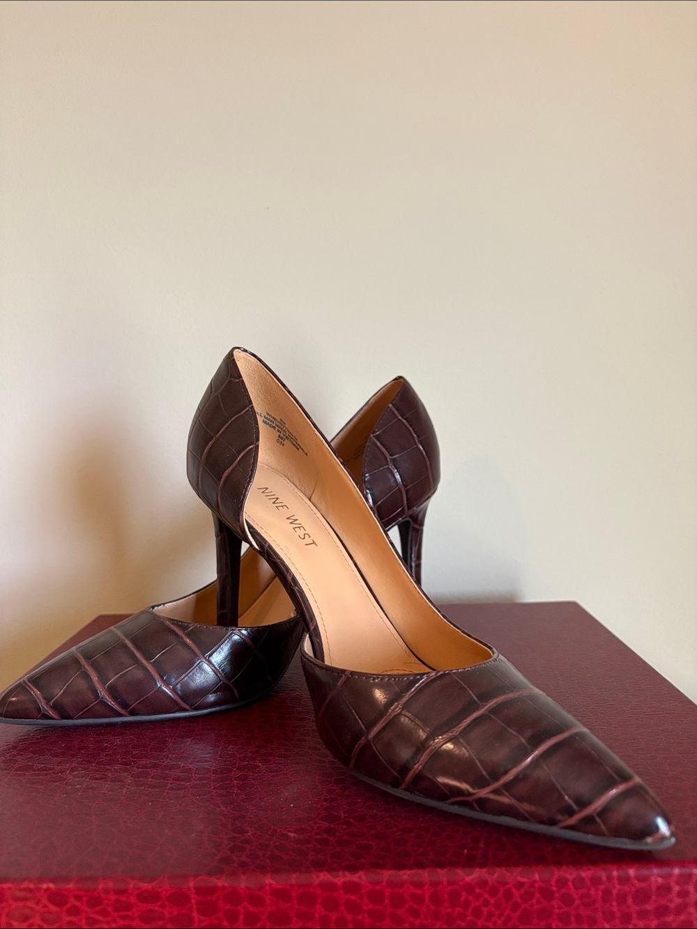 Nine West Dark Burgundy Croc-Embossed Pointed Pumps